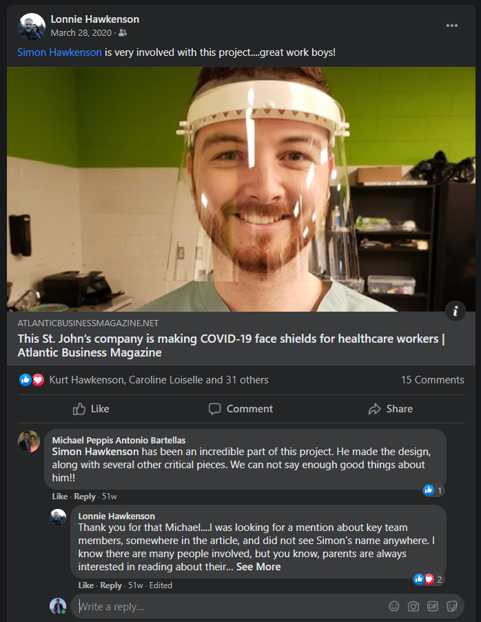 Michael Bartellas giving me credit for developing the face shield product publicly on Facebook. Image is of Travis Pickett wearing an early prototype of the face shield product.