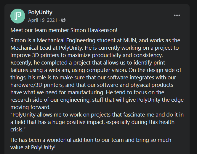 Public Facebook post about some of my contributions to the company.